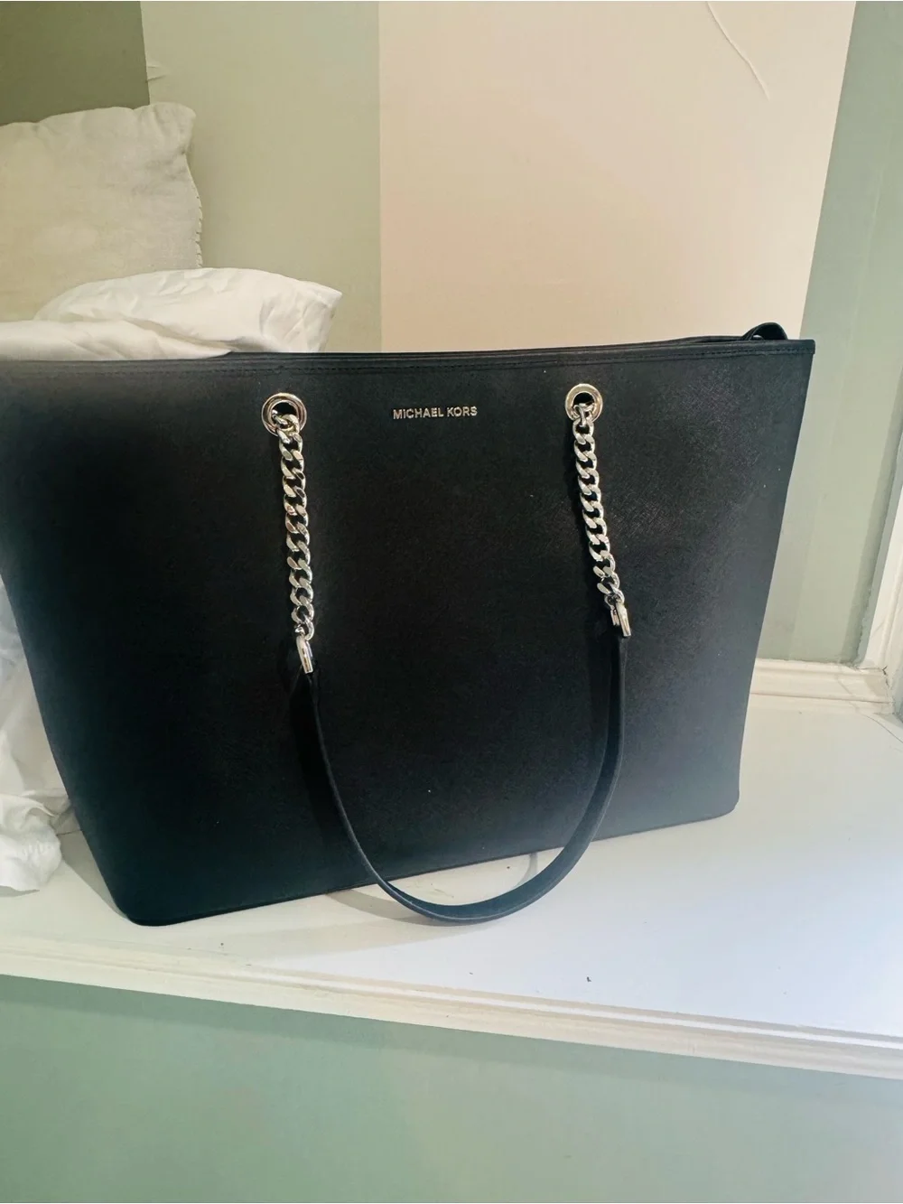 Michael Kors Black Tote with Silver Chain Handles